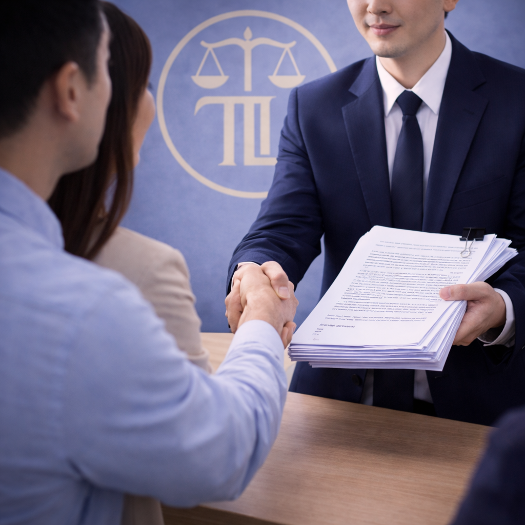 luật sư trao đổi tài liệu với khách hàng